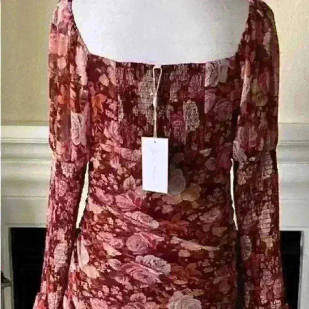 WAYF Ruffle Ruched Maroon red Floral Mini Dress Long Sleeve - Picture 3 of 6